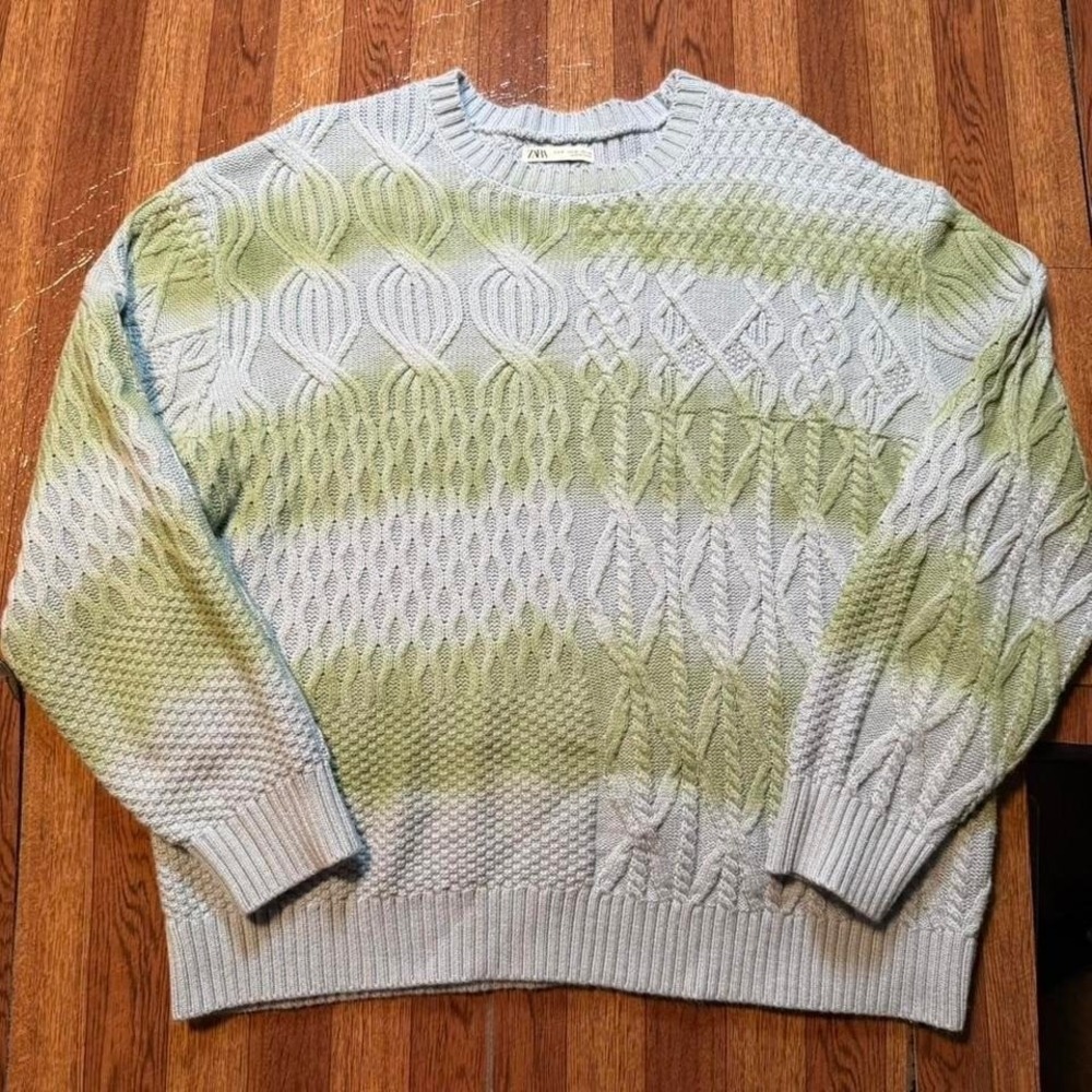 Zara Green Blue Striped Cotton Cable Knit Sweater Medium